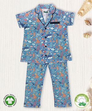 Pranava 100% Organic Cotton Knitted Half Sleeves Sea Life Printed Night Suit - Blue