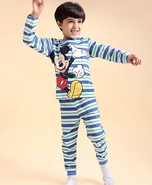 Babyhug Disney Cotton Single Jersey Knit Full Sleeves Striped Night Suit Mickey Mouse Print - Blue