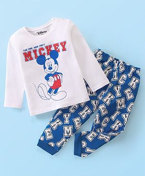 Babyhug Disney Cotton Knit Full Sleeves Night Suit With Mickey Mouse Graphics - White & Blue