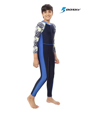 Bosky Swimwear Full Sleeves Bodysuit with Leaf Print - Navy Blue