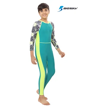 Bosky Swimwear Full Sleeves Bodysuit with Leaf Print - Aqua Blue