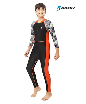 Bosky Swimwear Full Sleeves Bodysuit with Leaf Print - Black