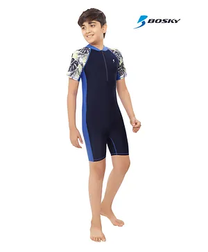 Bosky Swimwear Half Sleeves Bodysuit with Leaf Print - Navy Blue