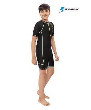 Bosky Swimwear Half Sleeves Bodysuit with Line Print - Black