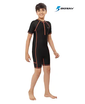 Bosky Swimwear Half Sleeves Bodysuit with Line Print - Black & Orange