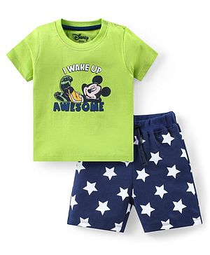 Babyhug Disney Cotton Knit Half Sleeves Shorts Night Suit With Mickey Mouse Graphics - Light Green & Blue
