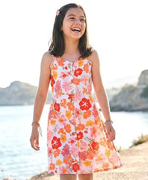 Pine Kids Sleeveless Floral Printed A-Line Frock - White & Pink