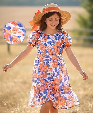 Pine Kids Cotton Woven Half Sleeves Frock with Floral Print - White