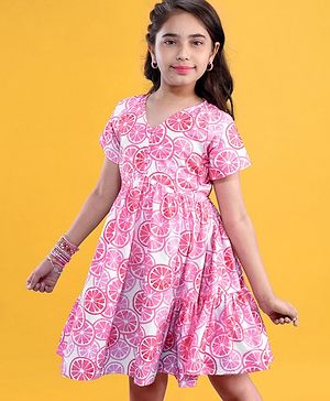 Pine Kids Cotton Woven Half Sleeves Frock Orange Print - Snow White & Pink