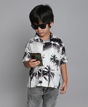 Taffykids 100% Viscose Half Sleeves Tropical Tree Printed Shirt - Black & White