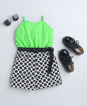 Taffykids Sleeveless  Geometric Printed Knitted Jumpsuit With Belt -  Green & Black
