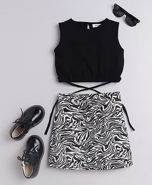 Taffykids Sleeveless Solid Cotton Top With Abstract Printed Knitted Skirt - Black & Beige
