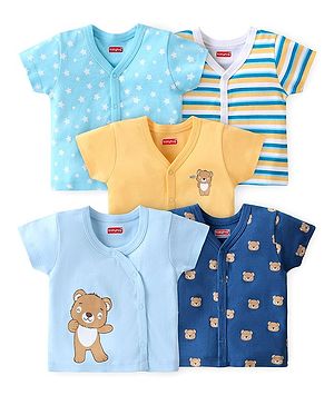 Babyhug 100% Cotton Knit Half Sleeves Front Open Vests Stripes & Bear Print Pack of 5 - White Yellow & Blue