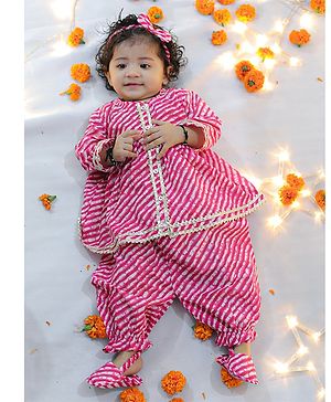 BownBee Pure Cotton Full Sleeves Leheriya Designed Kurta  Pant With Coordinating Headband & Booties - Pink