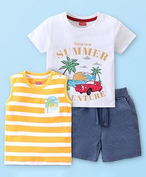 Babyhug Single Jersey Knit Half Sleeves T-Shirts & Shorts Set with Beach Theme Print - White Yellow & Blue
