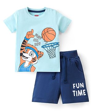 Babyhug 100% Cotton Knit Single Jersey Half Sleeves T-Shirt & Shorts With Tiger Print - Blue