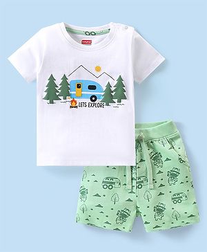 Babyhug 100% Cotton Knit Single Jersey Half Sleeves T-Shirt & Shorts With Mountain Theme Print - White & Green