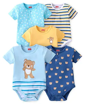 Babyhug 100% Cotton Knit Half Sleeves Onesies Stripes & Bear Print Pack Of 5 - Blue Yellow & White