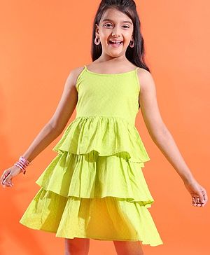 Pine Kids 100% Cotton Woven Sleeveless Texture Frock - Lime Green