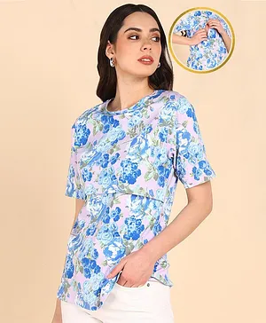 Zelena Cotton Half Sleeves Floral Printed Concealed Zipless Maternity & Nursing Top - White & Blue
