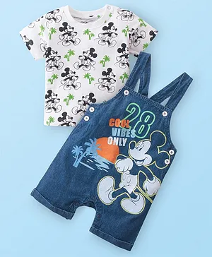Babyhug Disney 100% Cotton Knit Dungaree & Half Sleeves T-Shirt With Mickey Mouse Print - White & Blue