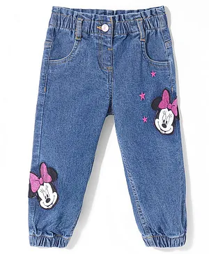Babyhug Disney Denim Full Length  Jeans with Minnie Mouse Graphics -Blue