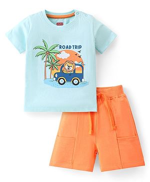 Babyhug 100% Cotton Knit Single Jersey Half Sleeves T-Shirt & Shorts With Lion Print - Blue & Orange