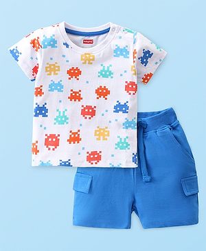 Babyhug Single Jersey Knit Half Sleeves Printed  T-Shirt & Shorts Set - White & Blue