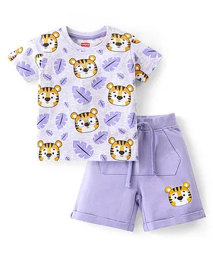 Babyhug 100% Cotton Knit Single Jersey Half Sleeves T-Shirt & Shorts With Tiger Print - Purple