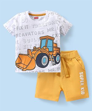 Babyhug 100% Cotton Knit Single Jersey Half Sleeves T-Shirt & Shorts With JCB Print - White & Orange