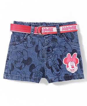 Babyhug Disney Mid Thigh Length Denim Shorts with Minnie Mouse Print and Belt Detailing- Blue