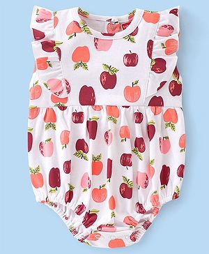 Babyhug 100% Cotton Knit Frill Sleeves Onesie with Apple Print - White