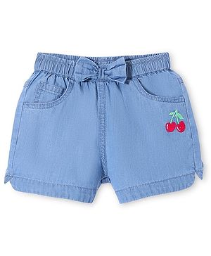 Babyhug Denim Mid Thigh Cherry Embroidered Shorts - Blue