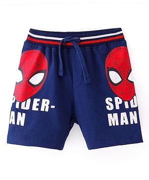 Babyhug Marvel Cotton Knit Shorts with Spider-Man Graphics - Blue