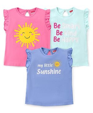 Babyhug Cotton Knit Frill Sleeves Top with Text Print Pack of 3 - Pink & Blue