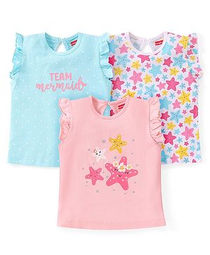 Babyhug Cotton Knit Frill Sleeves Top with Star & Text Print Pack of 3 - Multicolor