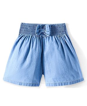Babyhug  Cotton Knit Mid Thigh Length Denim Washed Shorts With Bow Applique - Blue