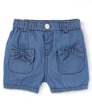 Babyhug Cotton Mid Thigh Denim Washed Shorts With Bow Applique - Dark Blue