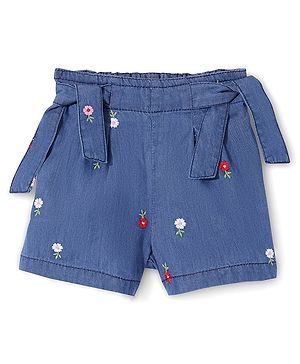 Babyhug Cotton Denim Mid Thigh Floral Embroidery Shorts - Blue