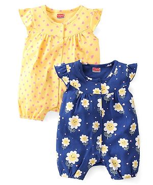 Babyhug 100% Cotton Knit Frill Sleeves Romper Floral & Heart Print Pack of 2 - Blue & Yellow