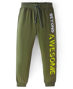 Pine Kids Cotton Knit Full Length Lounge Pant with  Text Print - Olive Green