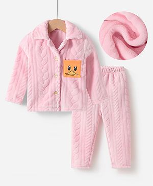 Kookie Kids Full Sleeves Soild Color Winter Night Suit with Duck Print Pocket  - Pink