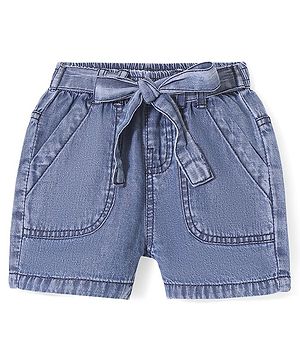 Babyhug Cotton Mid Thigh Washed Denim Shorts with Bow Detailing Solid Colour - Blue