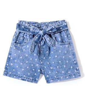 Babyhug  Mid Thigh Denim  Shorts Hearts Print with Belt Detailing - Blue