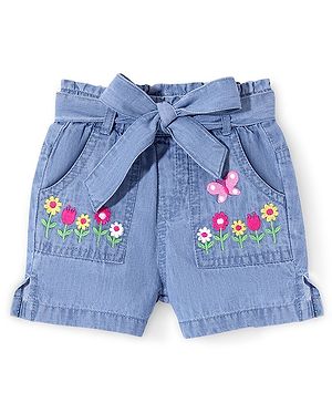 Babyhug Cotton Denim Mid Thigh Washed Shorts Floral Embroidery - Blue