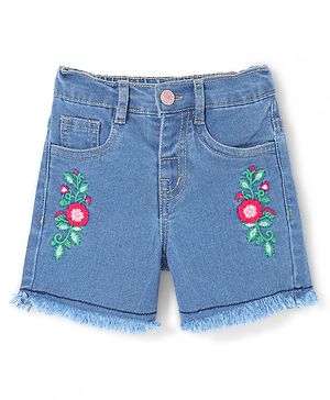 Babyhug Cotton Mid Thigh Denim Washed Shorts with Stretch Floral Embroidered - Blue
