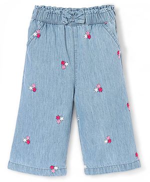Babyhug Cotton Ankle Length Denim Culottes Floral Embroidered - Blue