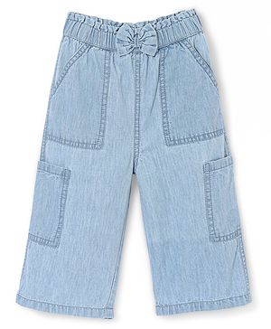 Babyhug Cotton Knit Ankle Length Denim Washed Culottes with Bow Detailing Solid Colour - Blue