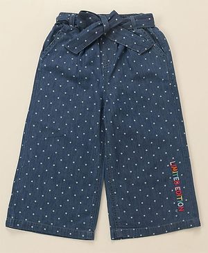 Babyhug Denim Ankle Length Culottes  Polka Dots Printed with Bow Detailing - Blue