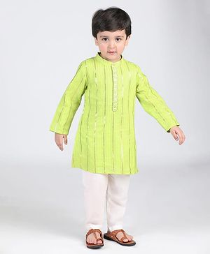 Babyhug Cotton Full Sleeves Striped Kurta Pyjama Set - Lime Green